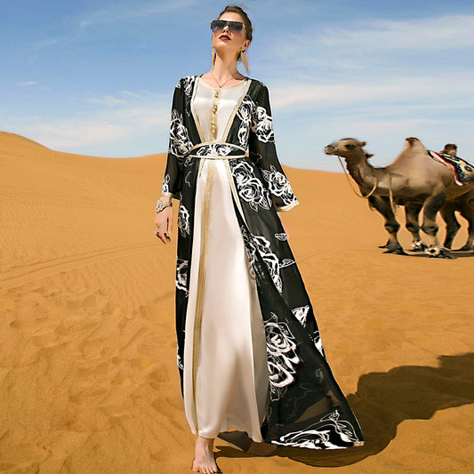 Arabian Black And White Flower Embroidered Two-piece Women's Long Dress With Belt And Robe