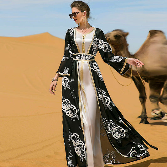 Arabian Black And White Flower Embroidered Two-piece Women&#039;s Long Dress With Belt And Robe