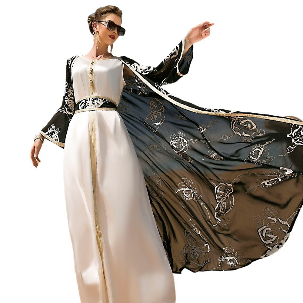 Arabian Black And White Flower Embroidered Two-piece Women&#039;s Long Dress With Belt And Robe